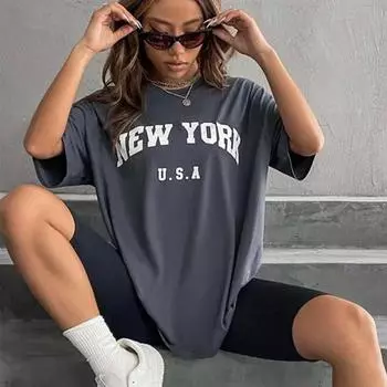 Blessyuki New York футболки с буквенным принтом, женские летние базовые футболки с круглым вырезом, повседневная уличная одежда в стиле ретро, женские топы в стиле Харадзюку, большие размеры XL чёрный