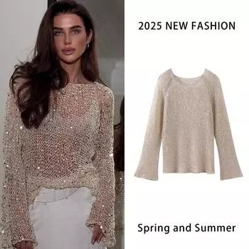 Блестки ажурный трикотажный пуловер женский свободный свитер с круглым вырезом и длинными рукавами весенние сексуальные блестящие женские рубашки S шампанского
