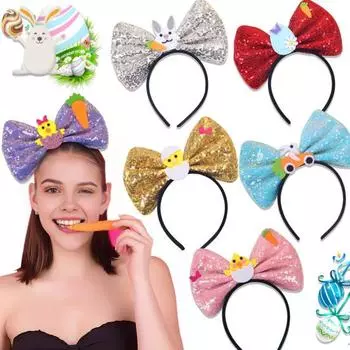 Блестки бант повязка на голову мультфильм яйцо кролик морковка декор универсальный пасхальный ободок детские аксессуары для волос жёлтый