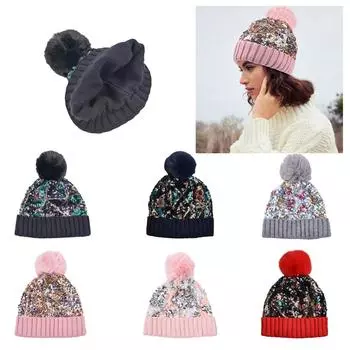 Блестки для улицы Вязание Сохранение тепла Женская шапка с помпоном Модная утолщенная зимняя защита от холода Вязаная шапка Beanie One Size розовый