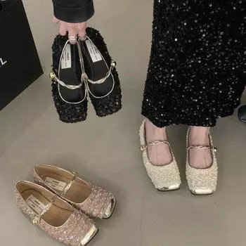 Блестки Мэри Джейн Тонкие туфли Женская обувь Весна и лето Плоская подошва Темперамент Нежные туфли 35 розовый