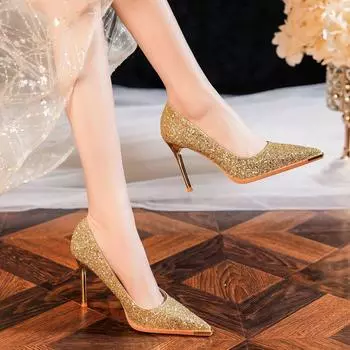 Блестки Металлическая головка Свадебные туфли Банкетное платье Высокие каблуки Женские роскошные женские туфли премиум-класса Универсальные тонкие каблуки с острым носком 34