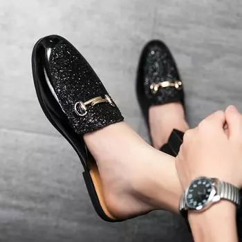 Блестки полу-перетаскивание без помощи маленькие кожаные туфли весна и осень 2025 новая мужская одежда дышащая ленивая одна педаль повседневная обувь 38