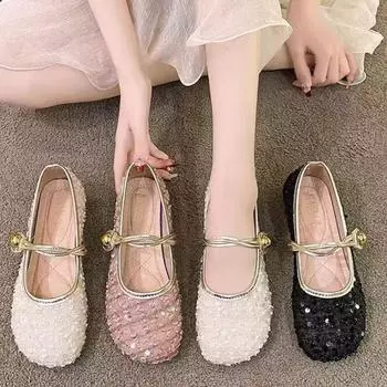 Блестки серебряные полутапочки Baotou женские 2025 весна и лето корейский темперамент Мэри Джейн одиночные туфли женская обувь 35 бежевый