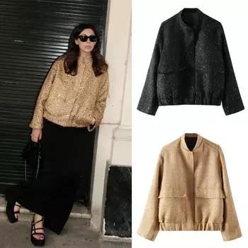 Блестки женские куртки-бомберы для женщин весна и осень шикарное уличное пальто женское воротник-стойка с карманом новая верхняя одежда XS чёрный