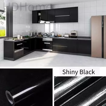 Блестящая черная контактная бумага для столешниц Черные самоклеящиеся обои Водонепроницаемая съемная виниловая настенная бумага 1mx40cm