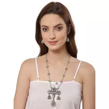 Блестящая дива, модные последние окисленные немецкие серебряные афгани, длинная цепочка, подвеска, серьги, ожерелье, комплект украшений для женщин (Серебряный)