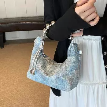 Блестящая джинсовая сумка для женщин на одно плечо через плечо роскошные универсальные клатчи для вечеринок модные цепи