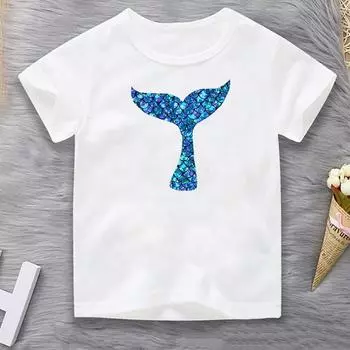 Блестящая футболка с хвостом русалки и принтом для девочек, детская модная футболка с короткими рукавами, милая детская одежда для малышей, уличная одежда для детей 2–13 лет 2T(90cm)