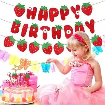 Блестящая клубника на день рождения украшения для кексов украшения на день рождения баннеры на торт для создания атмосферы вечеринки