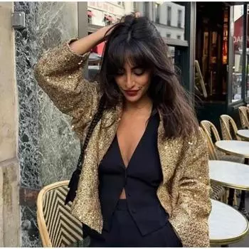 Блестящая куртка с воротником-стойкой и блестками для женщин 2023, осень-зима, с длинным рукавом, золотого цвета, повседневное свободное женское пальто, шикарное карманное модное уличное пальто, винтажное пальто XS