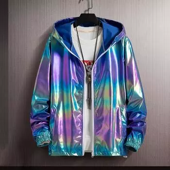 Блестящая куртка унисекс, пальто с лазерным капюшоном, переливающийся голографический топ Harajuku с защитой от солнца, большие размеры S зелёный