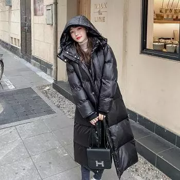 Блестящая новая куртка-пуховик женская средней длины, утолщенная, длинная, выше колена, свободная черная куртка S чёрный