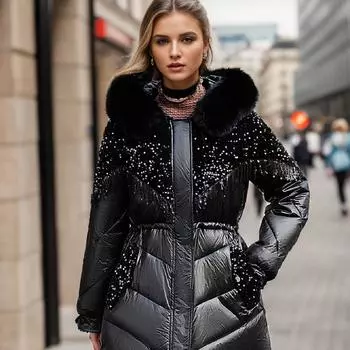 Блестящая одежда женская средняя и длинная зимняя новая талия темпераментная одежда уменьшающая возраст одежда с хлопковой подкладкой M чёрный