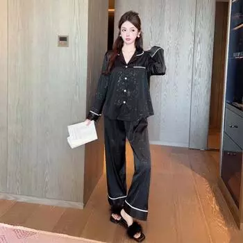 Блестящая пижама для женщин Ice Silk весна и осень брюки с длинными рукавами черный кардиган пиджак домашняя одежда M