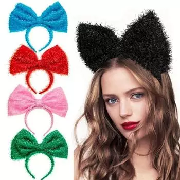 Блестящая повязка на голову, новогоднее украшение, повязка на голову с большим бантом, милая тканевая повязка для волос с бантом для девочек