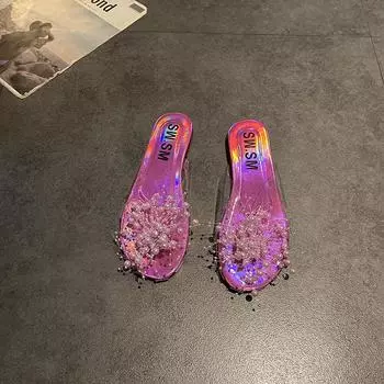 Блестящая серебристая прозрачная сумка-бисер, шлепанцы с открытой пяткой, женская уличная обувь, летние дизайнерские сандалии, шлепки 35