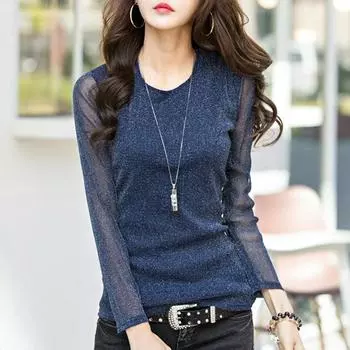 Блестящая сетчатая блузка, сексуальные женские рубашки, топы с длинными рукавами, футболки Za, корейская, черная, фиолетовая, с круглым вырезом, элегантная тонкая блузка S чёрный