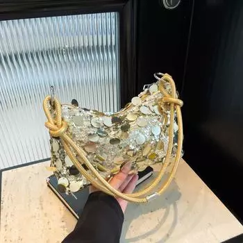 блестящая сумка женская сумка на плечо с цепочкой, сумка-мессенджер высокого класса, сумка для поездок на работу в иностранном стиле, сумка через подмышку чёрный