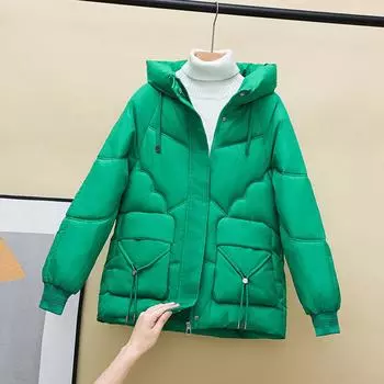 Блестящая женская зима 2023, свободная толстая хлопковая куртка с капюшоном, хлебная куртка M чёрный