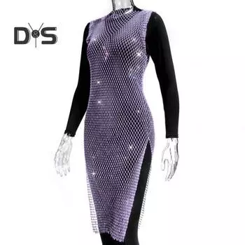 Блестящее ажурное платье со стразами, женское сексуальное пляжное платье с разрезом по бокам, без рукавов, блестки, юбка-бикини для вечеринки S розы красного