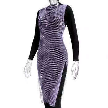 Блестящее ажурное платье со стразами, женское сексуальное пляжное платье с разрезом по бокам, без рукавов, блестки, юбка-бикини для вечеринки S красный