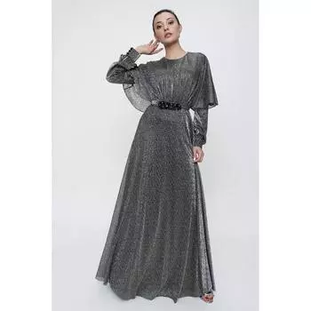 Блестящее длинное платье с поясом и поясом с бусинами и подкладкой