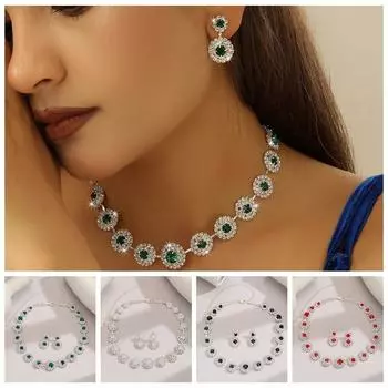 Блестящее ожерелье Earnail Set Zinc цинковый сплав Свадебный комплект из стразов Серьги-подвески Роскошные ювелирные изделия Подарок красный