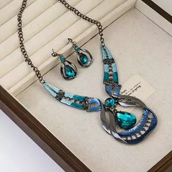 Блестящее ожерелье, серьги-гвоздики, элегантный кулон в форме капли воды, комплект ювелирных изделий из искусственных драгоценных камней, модный 1 комплект, блестящий, ручная работа зелёный