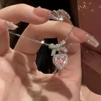 Блестящее ожерелье Y2K с розовым сердечком для женщин, милое крутое колье для подростков Kpop с бантом и стразами, изящная цепочка на ключицу, ювелирные изделия для вечеринок