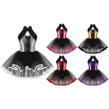 Блестящее танцевальное платье для девочек с круглым вырезом, без рукавов, с кружевными оборками на бретелях, юбкой-пачкой с открытой спиной для выступлений 3-4 Years золотой