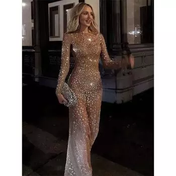 Блестящее женское платье макси с прозрачным разрезом, модное тонкое сексуальное пляжное платье с длинным рукавом, женское сетчатое платье с круглым вырезом, перспективное платье S чёрный