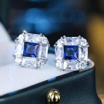 Блестящие белые синие кубические циркониевые серьги-гвоздики для женщин, аксессуары для прокалывания ушей, подарок на годовщину дня рождения, ювелирные изделия серебряный/синий