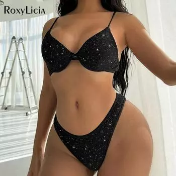 Блестящие блестящие бразильские бикини на косточках, женские купальники, женский купальник, комплект бикини из двух частей, купальный костюм для плавания S чёрный