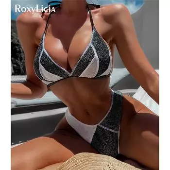 Блестящие блестящие бразильские бикини, женские купальники, женский купальник, комплект бикини из двух частей, купальный костюм для плавания S чёрный/серебряный