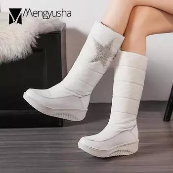 блестящие блестящие новые украшения зимние ботинки женские хлопковые подбитые туфли на платформе танкетки кристалл блестящие теплые пуховые сапоги до середины икры c835 5 белый