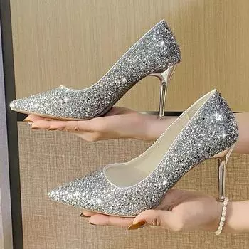 Блестящие блестящие туфли на тонком каблуке, женские свадебные туфли без застежек, золотистого и серебряного цвета, женские туфли с острым носком, украшенные блестками, на высоком каблуке, праздничные туфли 34