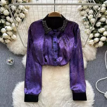 Блестящие бриллианты, повседневная рубашка, женская рубашка с лацканами и длинным рукавом, весенне-осенняя модная женская роскошная уличная блузка с лацканами One Size синий