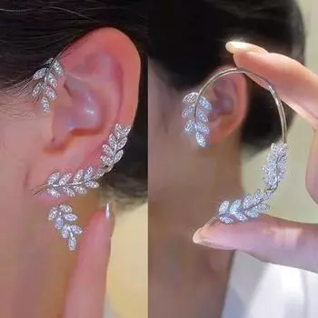 Блестящие циркониевые зажимы для ушей в виде листьев для женщин и девочек, сверкающие циркониевые серьги-манжеты, клипсы, свадебные украшения, новогодние серьги