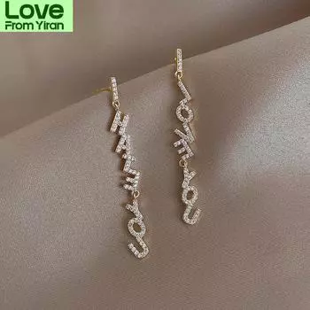 Блестящие длинные висячие серьги со стразами, золотые серьги с буквами, корейские модные украшения