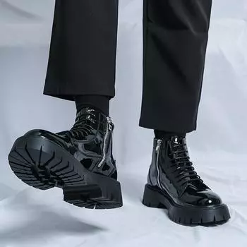 Блестящие кожаные мужские ботинки с боковой молнией, деловой новый стиль, удобные высокие мужские повседневные туфли, классический дизайн, толстая подошва 38 чёрный