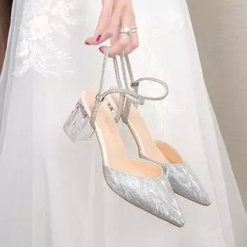 Блестящие кожаные женские босоножки с открытым носком и ремешком на пятке, элегантные женские туфли со стразами и ремешком на высоком каблуке для вечеринки 34 серебряный