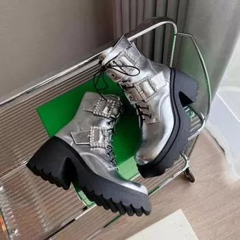 Блестящие кристальные пряжки на поясе, женские туфли, модные женские сапоги на толстой подошве с круглым носком на платформе, панк-готические ботильоны 35 серебряный