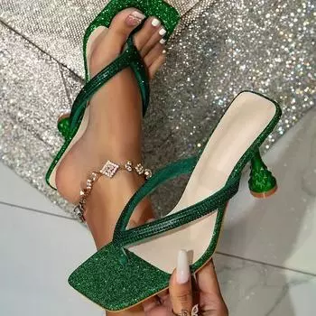 Блестящие кристаллы квадратный зажим носок женские тапочки летние неглубокие низкие каблуки шлепанцы женская обувь Zapatos De Mujer 36 чёрный