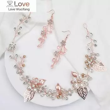 Блестящие кристаллы, жемчуг, стразы, розовое золото, женский головной убор, свадебный ободок и серьги, аксессуары для волос невесты розовый