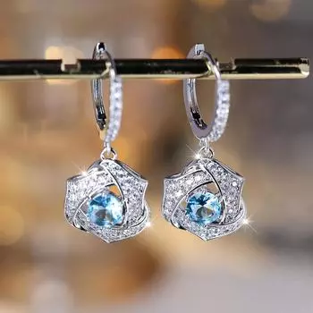 Блестящие круглые морские голубые треугольные серьги-капли женские темпераментные серебряные свадебные серьги ювелирные изделия в подарок цвет морской волны/серебряный