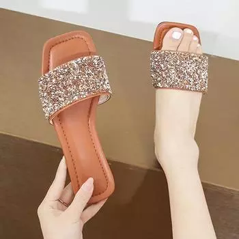 Блестящие летние тапочки для женщин, новые женские пляжные тапочки на плоской подошве, женские сандалии, уличная обувь, роскошный дизайнер, большие размеры 37