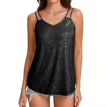 Блестящие майки для женщин без рукавов блестящие рубашки для вечеринок футболка с пайетками L чёрный