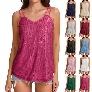 Блестящие майки для женщин без рукавов блестящие рубашки для вечеринок футболка с пайетками L чёрный