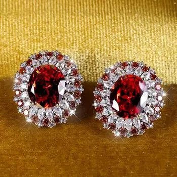 Блестящие овальные красные кубические циркониевые серьги-гвоздики для женщин, модные помолвочные украшения, подарки на день рождения красный
